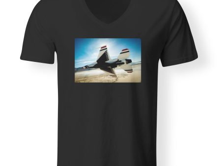 Turning Right Fighting Falcon F16 Designed V-Neck T-Shirts on Sale