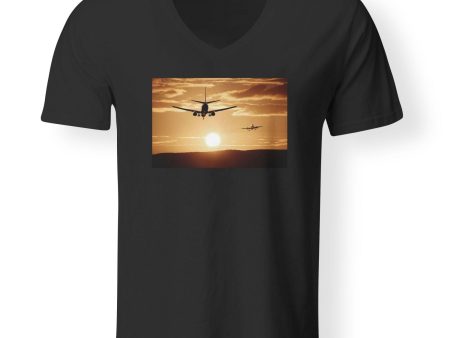 Two Aeroplanes During Sunset Designed V-Neck T-Shirts Supply